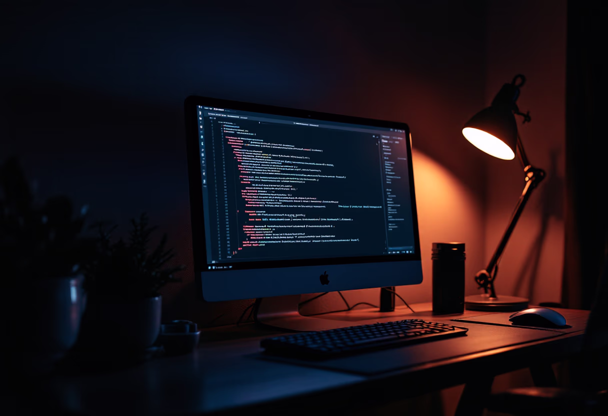 [background image] image of a dimly lit workspace with a computer showing code (for a ai fintech company)