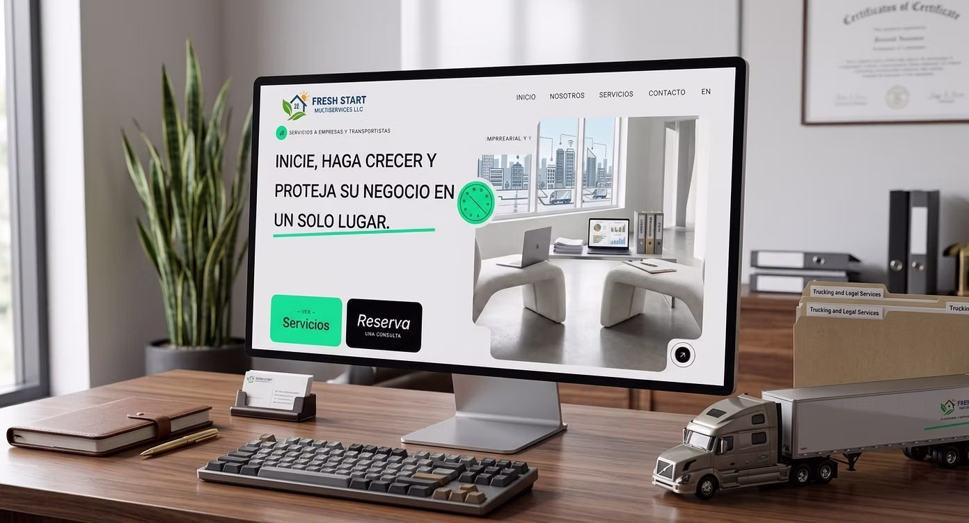 image of a modern office space with a computer showing the website of Fresh Start Multiservices